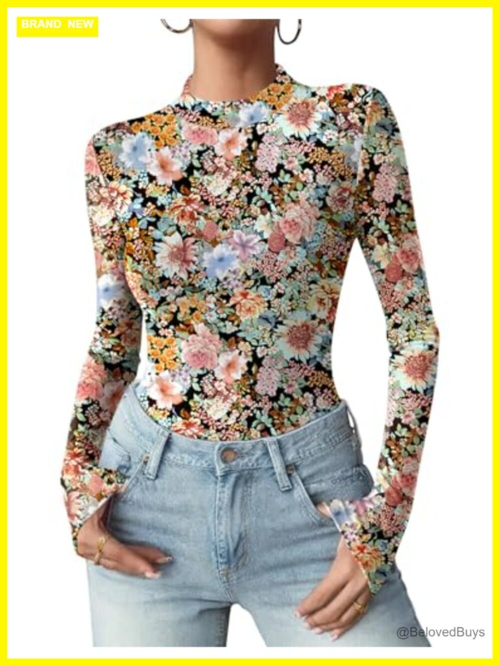 Women Floral Mesh Long Sleeve Mock Neck See Through Blouse